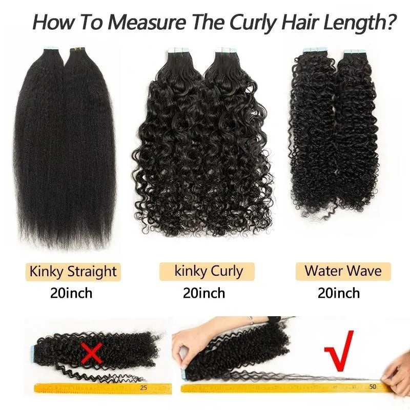 MRS HAIR Tape In Hair Extensions Deep Curly Human Hair Skin Weft Kinky Curly Tape Hair 12-24inch Natural Black Remy 20pcs/Pack