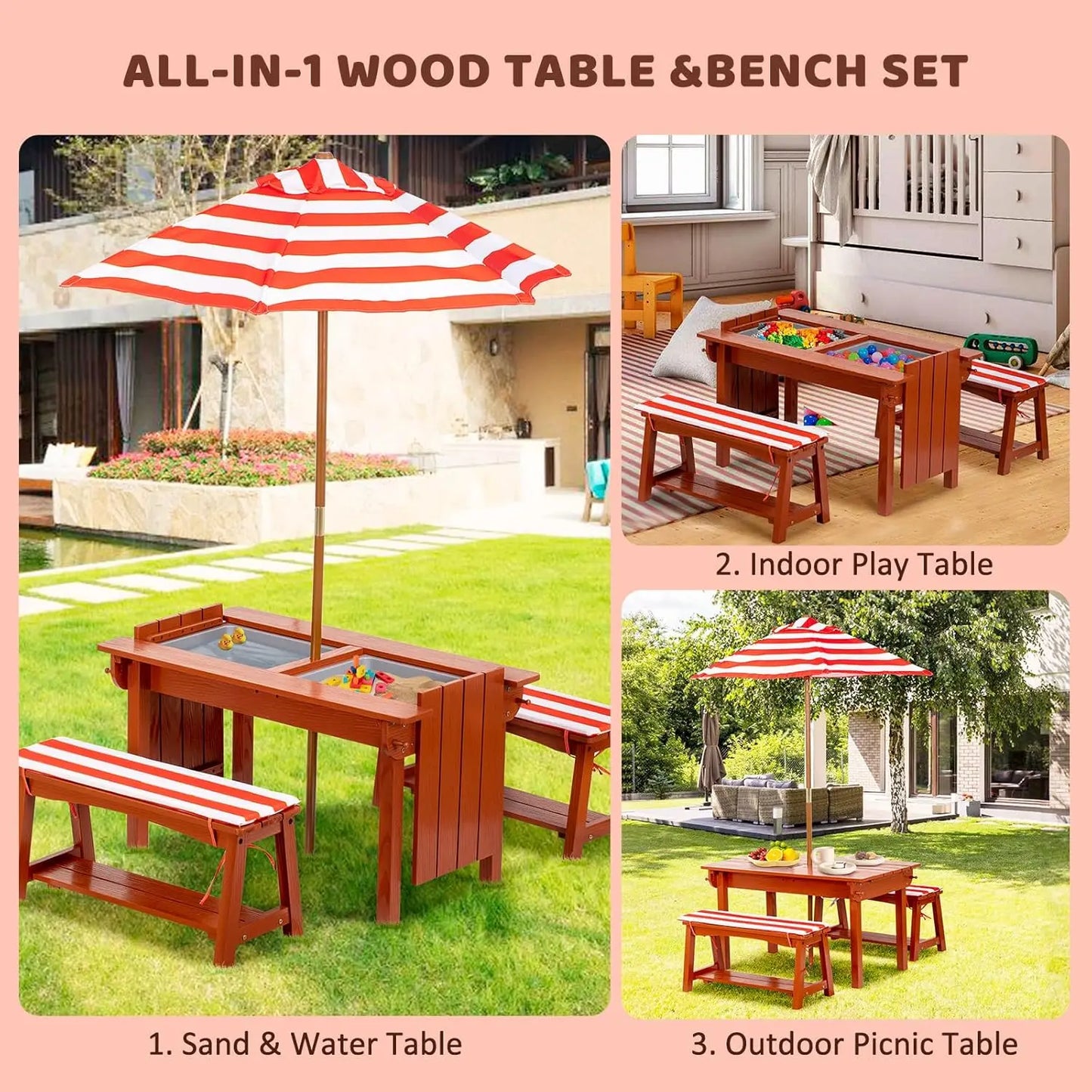 Kids Picnic Table with Umbrella, Outdoor Wooden Table & Bench Set w/Cushions & 2 Removable Boxes, 4-in-1 Children Sand
