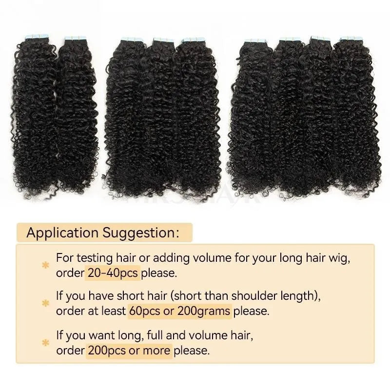 MRS HAIR Tape In Hair Extensions Deep Curly Human Hair Skin Weft Kinky Curly Tape Hair 12-24inch Natural Black Remy 20pcs/Pack
