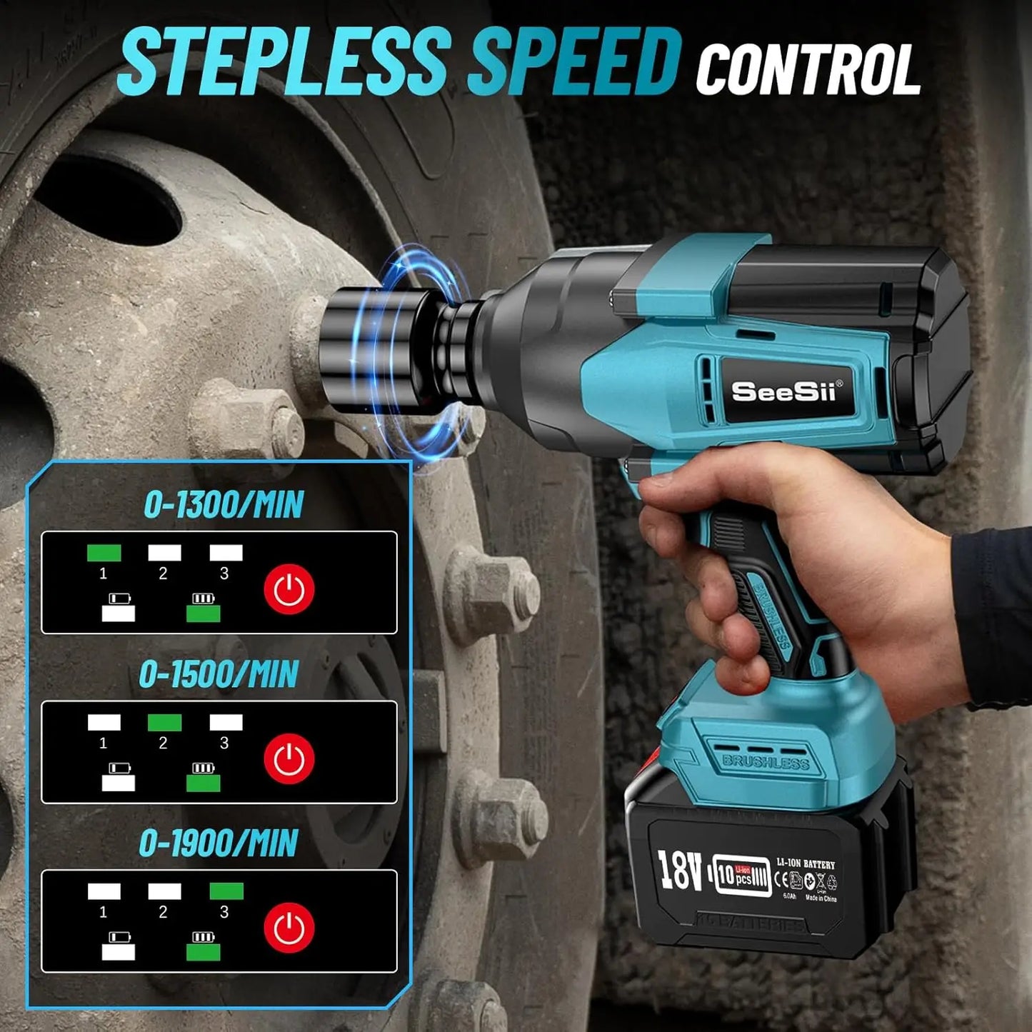 Seesii 2000Nm Cordless Impact Wrench 3/4''Brushless Power Impact Gun Heavy Duty Electric Driver for Truck Mower Car Repair Tools