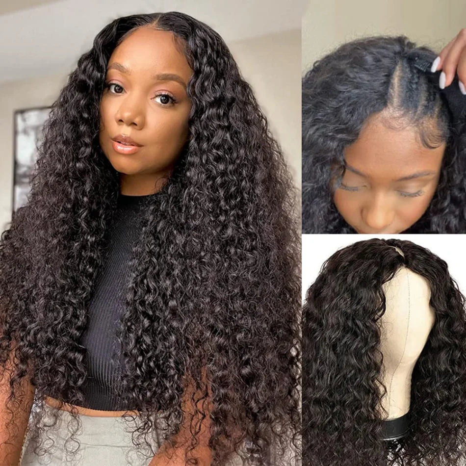 Deep Wave V Part Wig Human Hair No Sew In No Glue 220 Density Natural Color Curly Brazilian Hair For Black Women 30 Inch No Lace