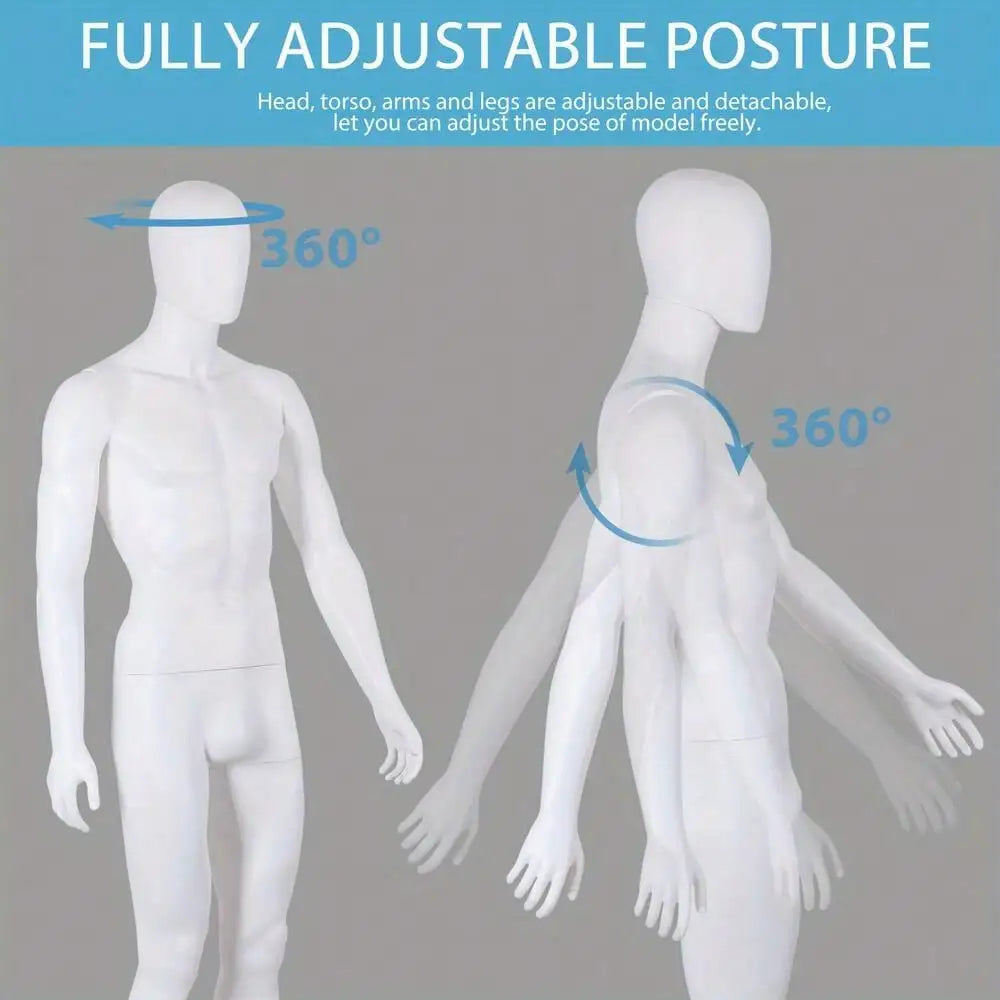 Adjustable Male Mannequin Full Body Dress Form Poseable Life-Size 73''Tall White