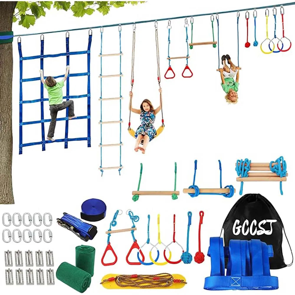 Warrior Obstacle Course For Kids And Adults - 65FT Slackline With Tree Climbing Rock Holds, Swing Seat, Monkey Bars, Ring Wheel,