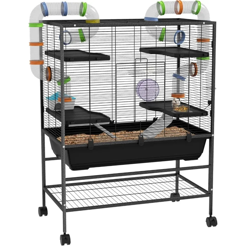 32" Large Hamster Cage with Storage Shelf, Rat Cage for Syrian Hamster, Gerbils, with Tubes, Running Wheel, Food Dish