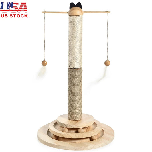 Interactive Cat Scratching Post with 2 Tier Ball Track Hanging Toys Solid Wood Base Cat Entertainment 22 Inch