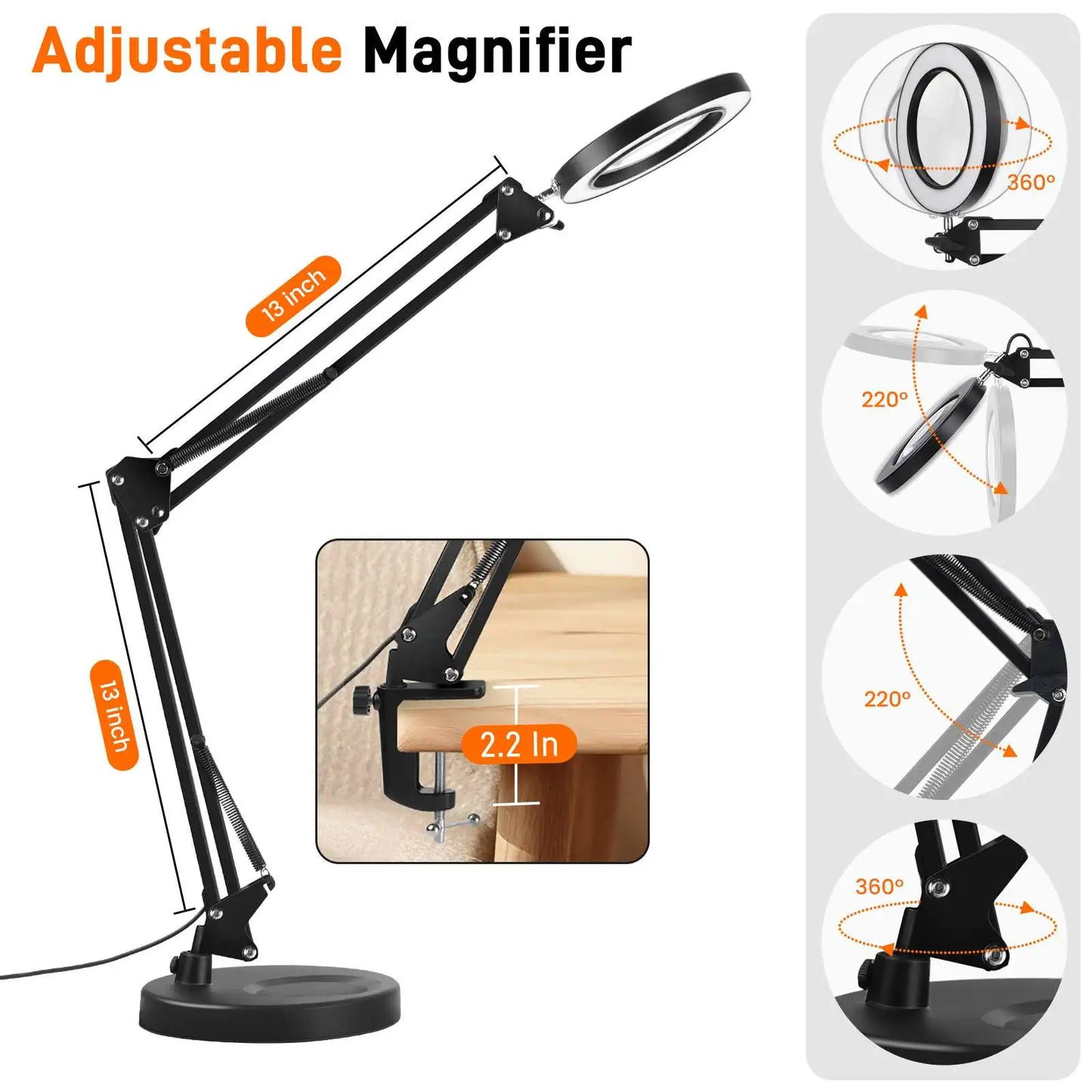 Magnifier LED Lamp 10X Magnifying Glass with Light 10 Levels LED Reading Light with Clamp Stand Craft  3 Color Light Lamp