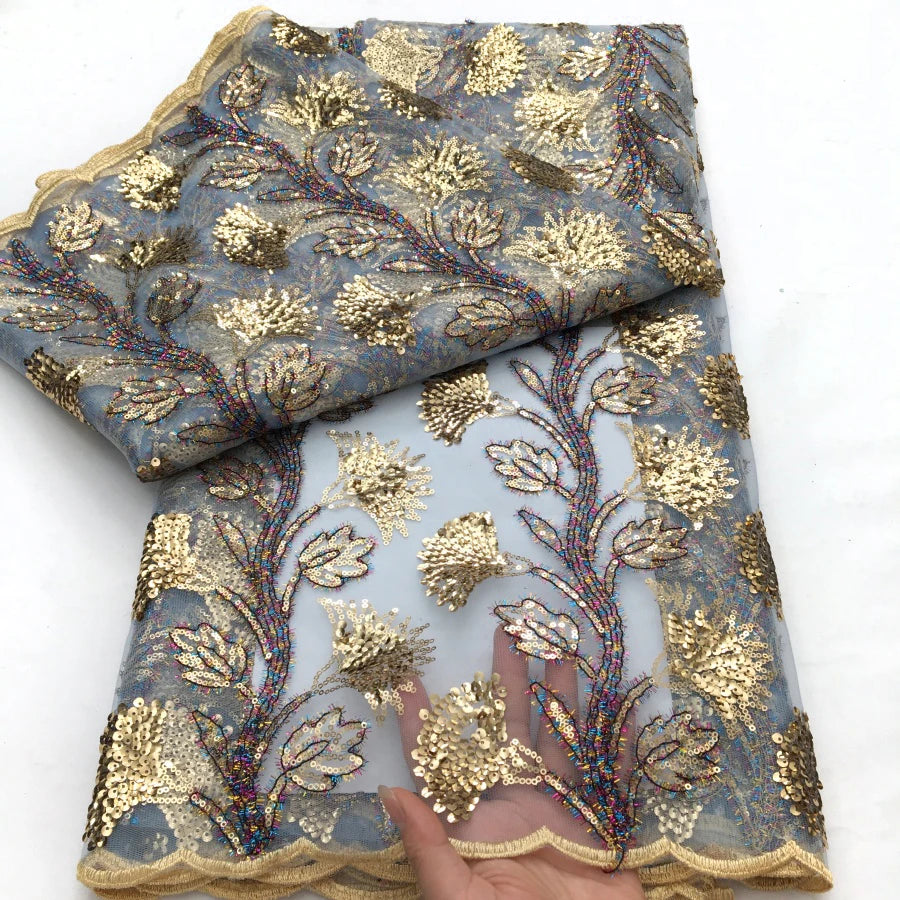 Black French Mesh Lace Fabric Sequins Flocking Bride Dress 2025 High Quality African Lace Fabric 5 Yards Nigerian Tulle Lace Sew