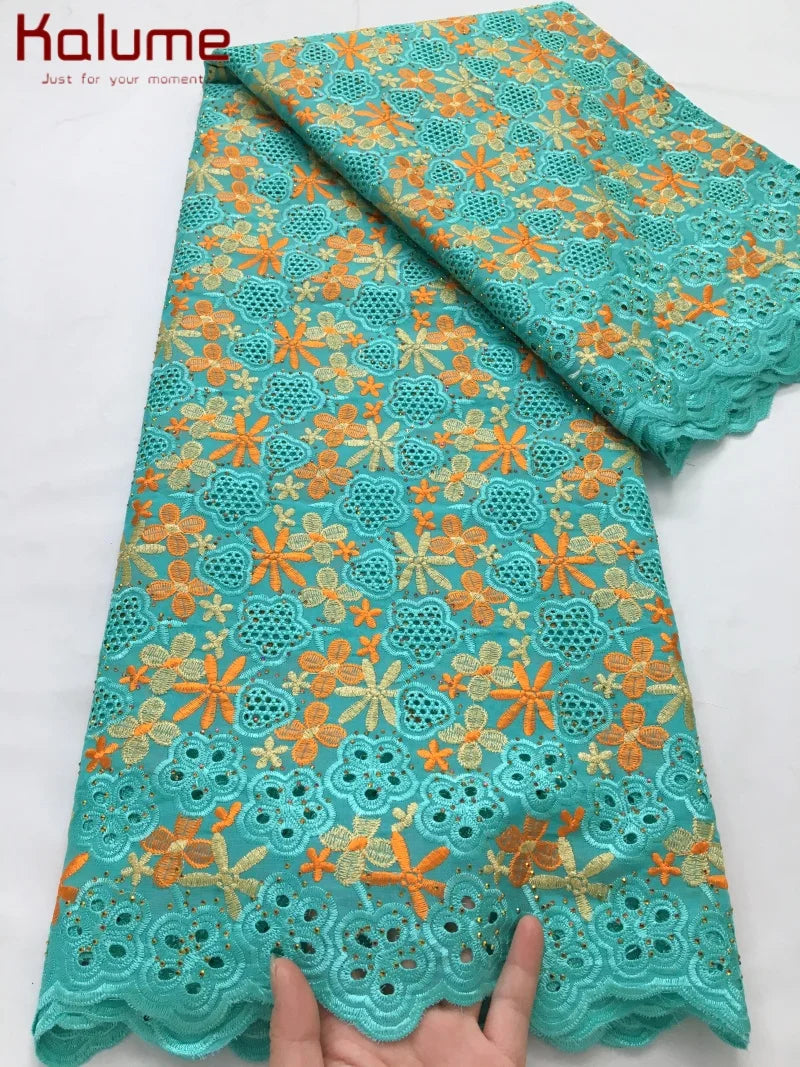 Kalume African Cotton Embroidered Lace Fabric With Stones 2025 Nigerian Swiss Voile Lace Fabric Flower For Sewing Dress F4325