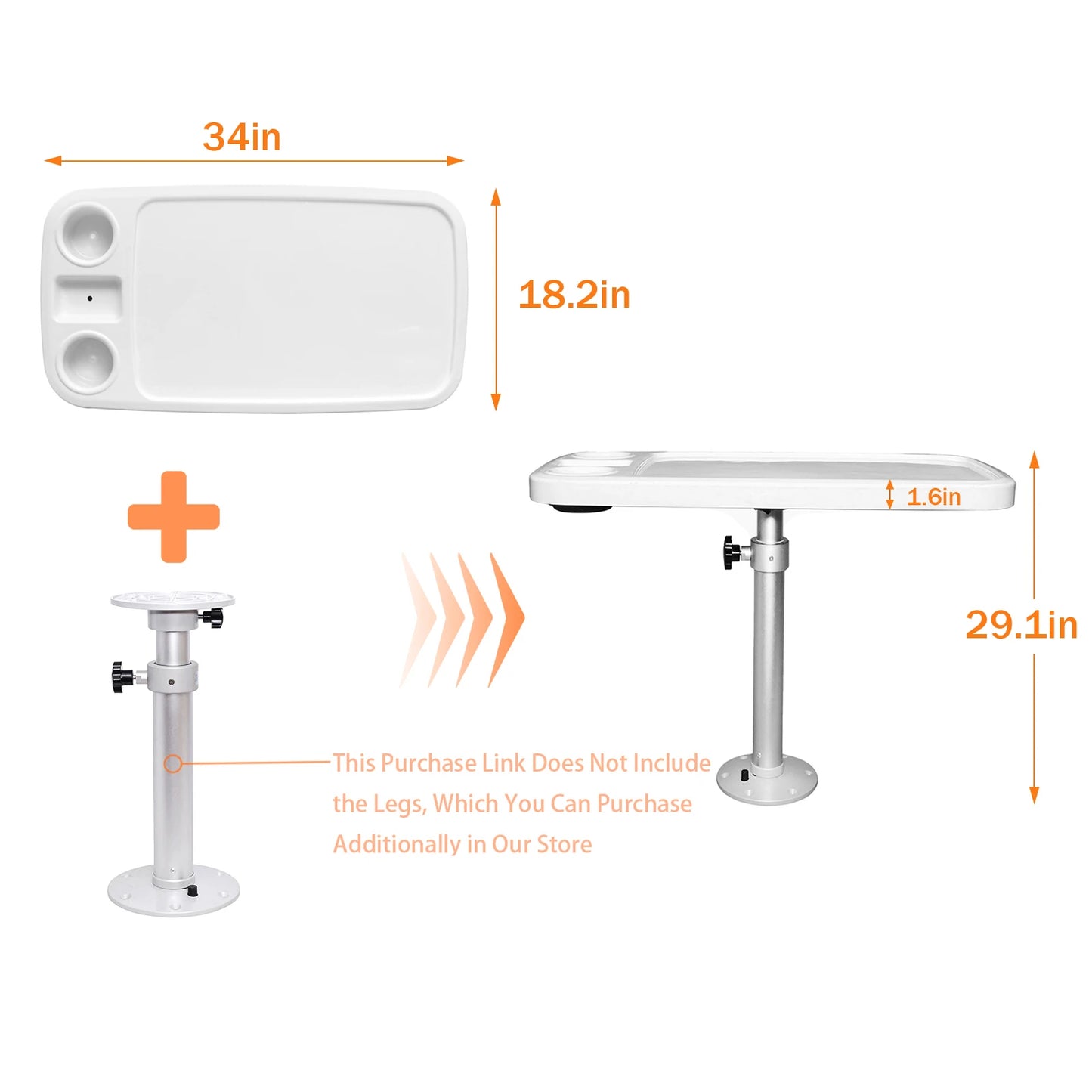 Removable RV Table Set – 34"x18" ABS Tabletop, Waterproof & Scratch-Resistant, Adjustable Height 17.8–27.2", for Camper, Boat