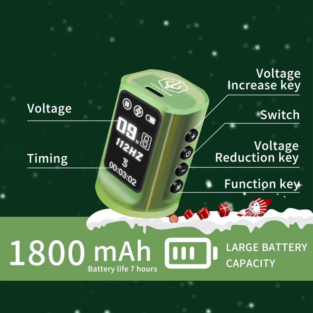 Christmas Tattoo Kit POSEIDON Green Tattoo Pen Kit For Permanent Makeup Tattoo Machine Kit Wireless Tattoo Gun Kit