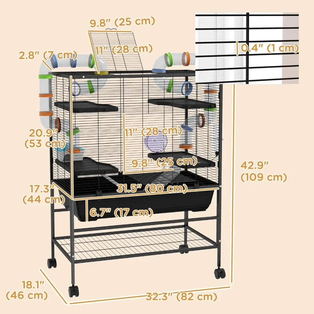 32" Large Hamster Cage with Storage Shelf, Rat Cage for Syrian Hamster, Gerbils, with Tubes, Running Wheel, Food Dish