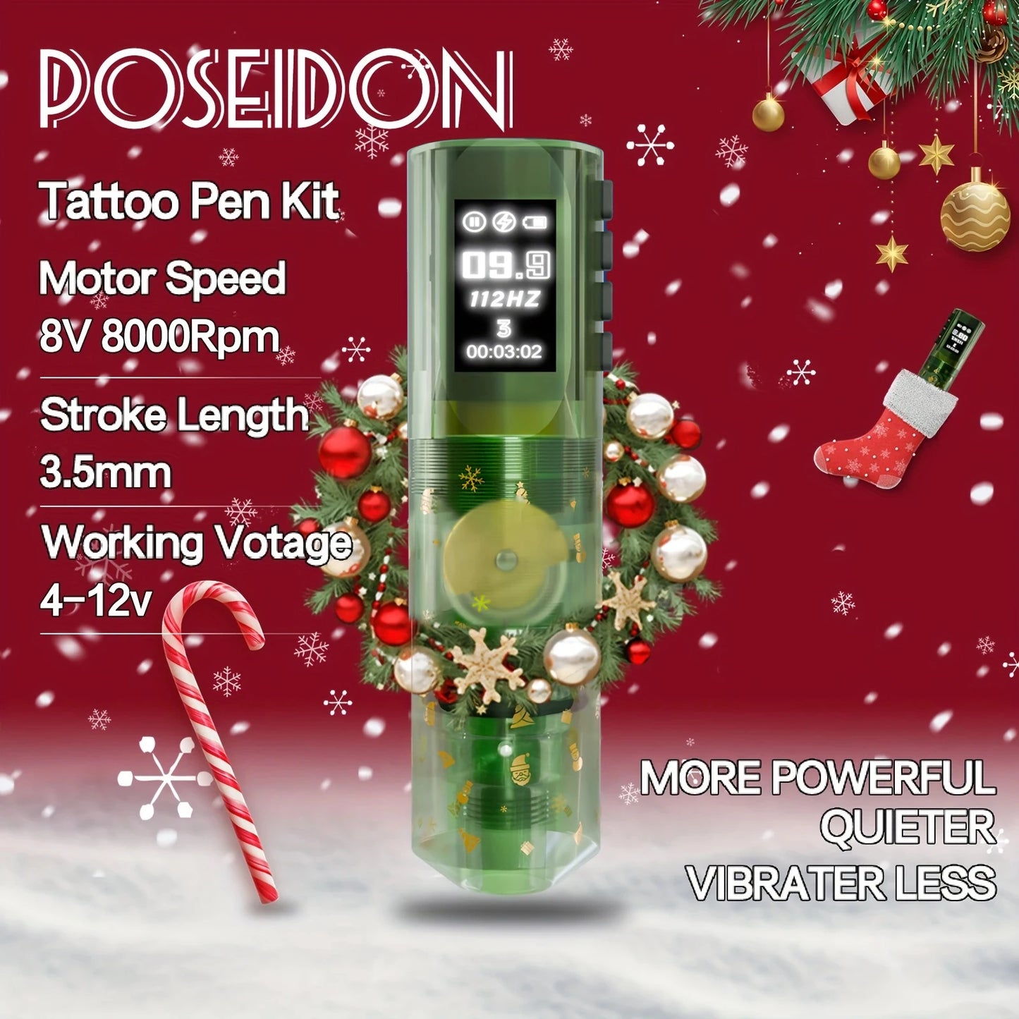 Christmas Tattoo Kit POSEIDON Green Tattoo Pen Kit For Permanent Makeup Tattoo Machine Kit Wireless Tattoo Gun Kit