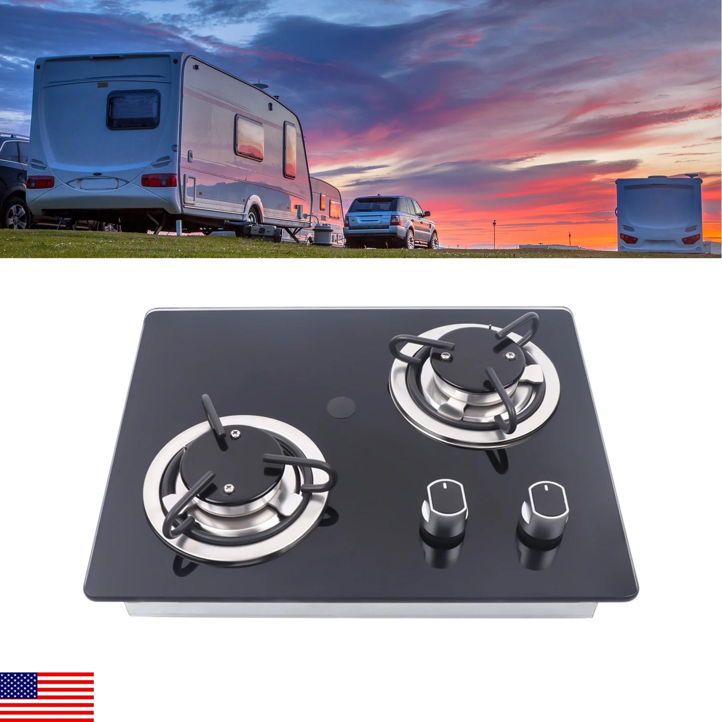 380*300*70mm Boat RV Camper LPG Gas Stove Hob with 8mm Thick Tempered Glass-Built in 2 Gas Burner