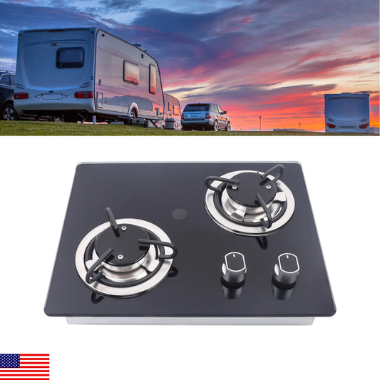 380*300*70mm Boat RV Camper LPG Gas Stove Hob with 8mm Thick Tempered Glass-Built in 2 Gas Burner