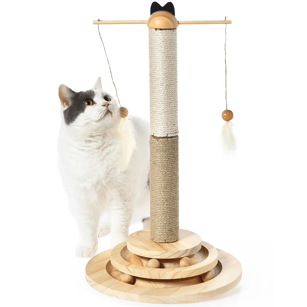 Interactive Cat Scratching Post with 2 Tier Ball Track Hanging Toys Solid Wood Base Cat Entertainment 22 Inch