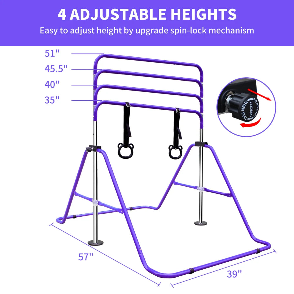 Purple Multi-Functional Adjustable Height Children's Horizontal Gymnastic Bar with Bear Rings