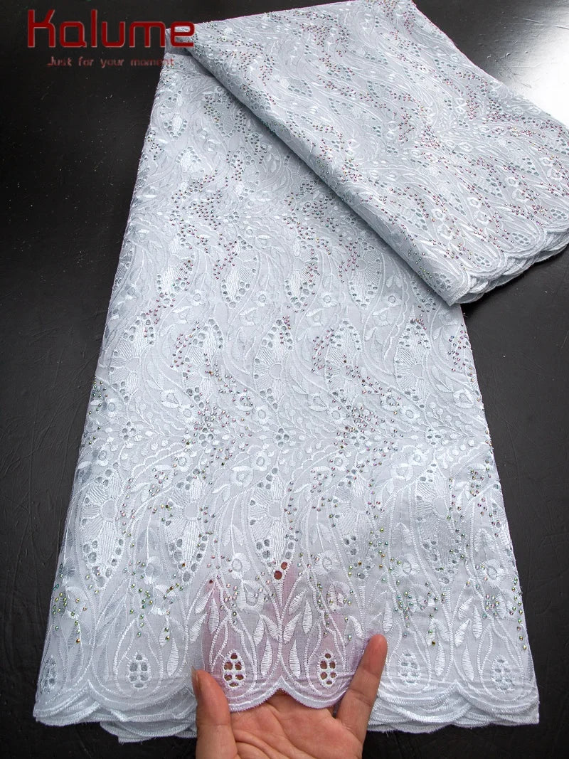 Kalume African Cotton Embroidered Lace Fabric With Stones 2025 Nigerian Swiss Voile Lace Fabric Flower For Sewing Dress F4325