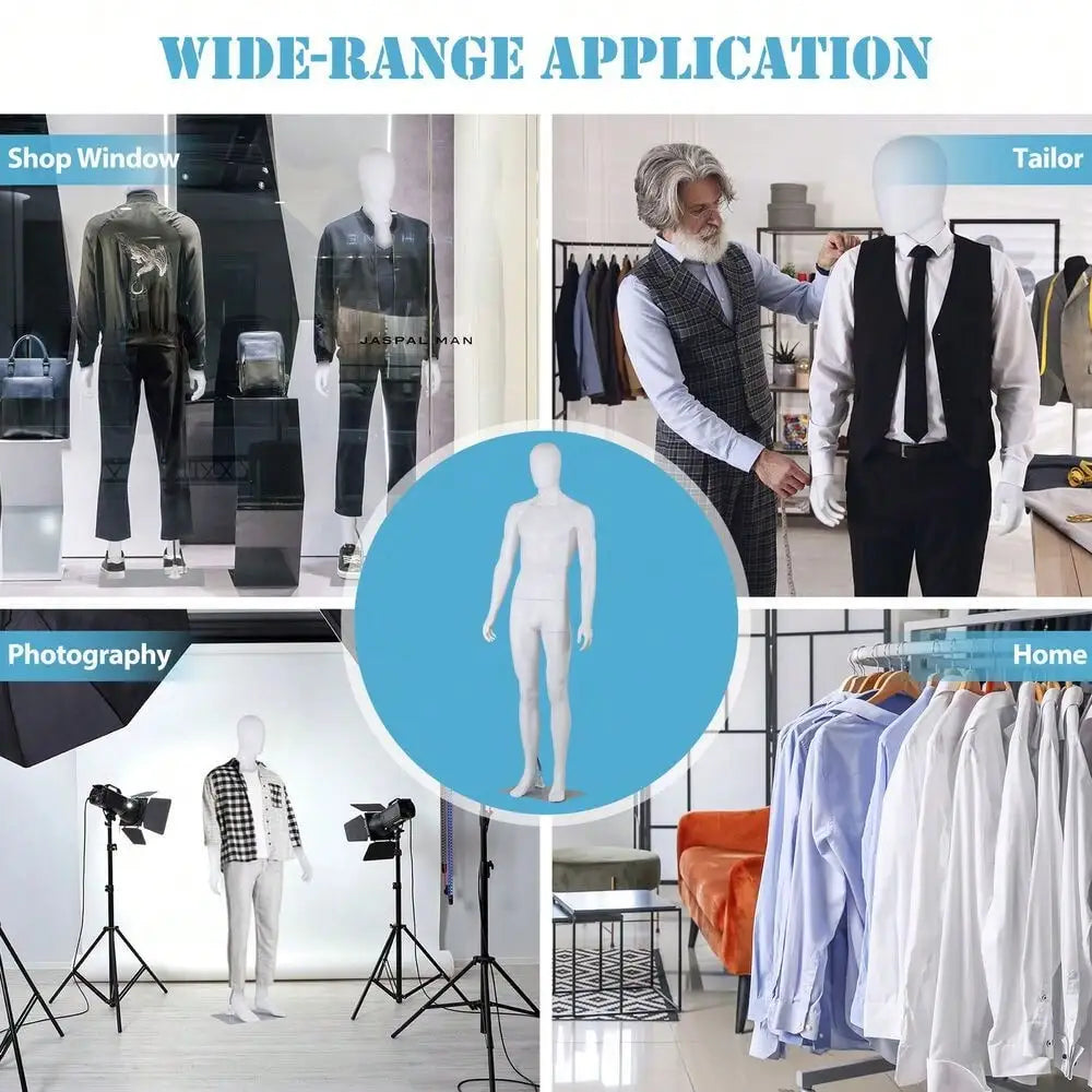 Adjustable Male Mannequin Full Body Dress Form Poseable Life-Size 73''Tall White