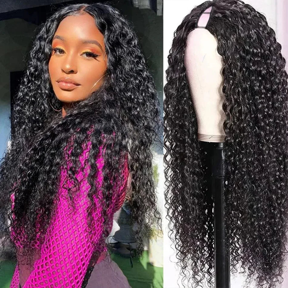 Deep Wave V Part Wig Human Hair No Sew In No Glue 220 Density Natural Color Curly Brazilian Hair For Black Women 30 Inch No Lace