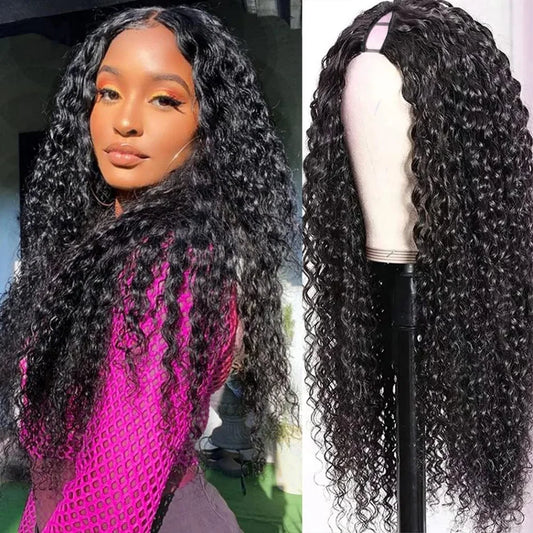 Deep Wave V Part Wig Human Hair No Sew In No Glue 220 Density Natural Color Curly Brazilian Hair For Black Women 30 Inch No Lace