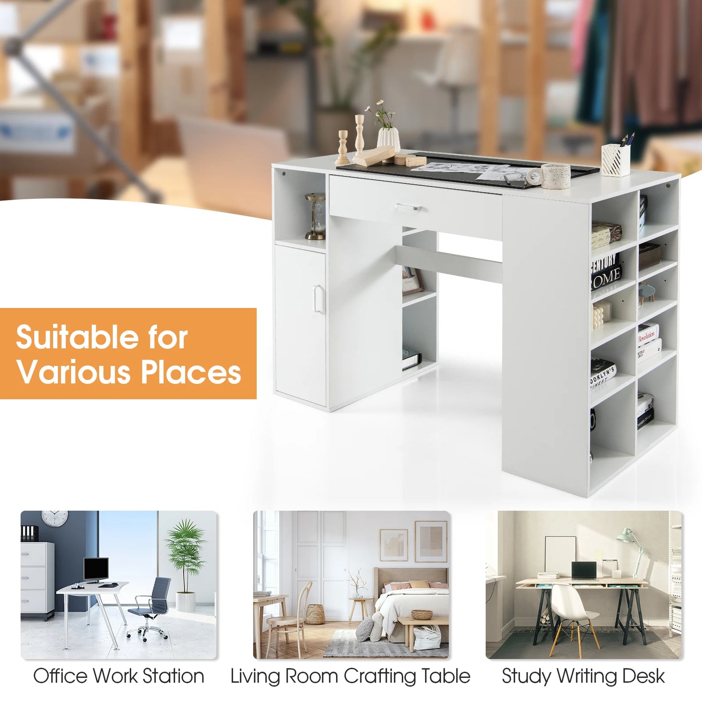 Counter Height Sewing Craft Table Computer Desk w/ Adjustable Shelves & Drawer