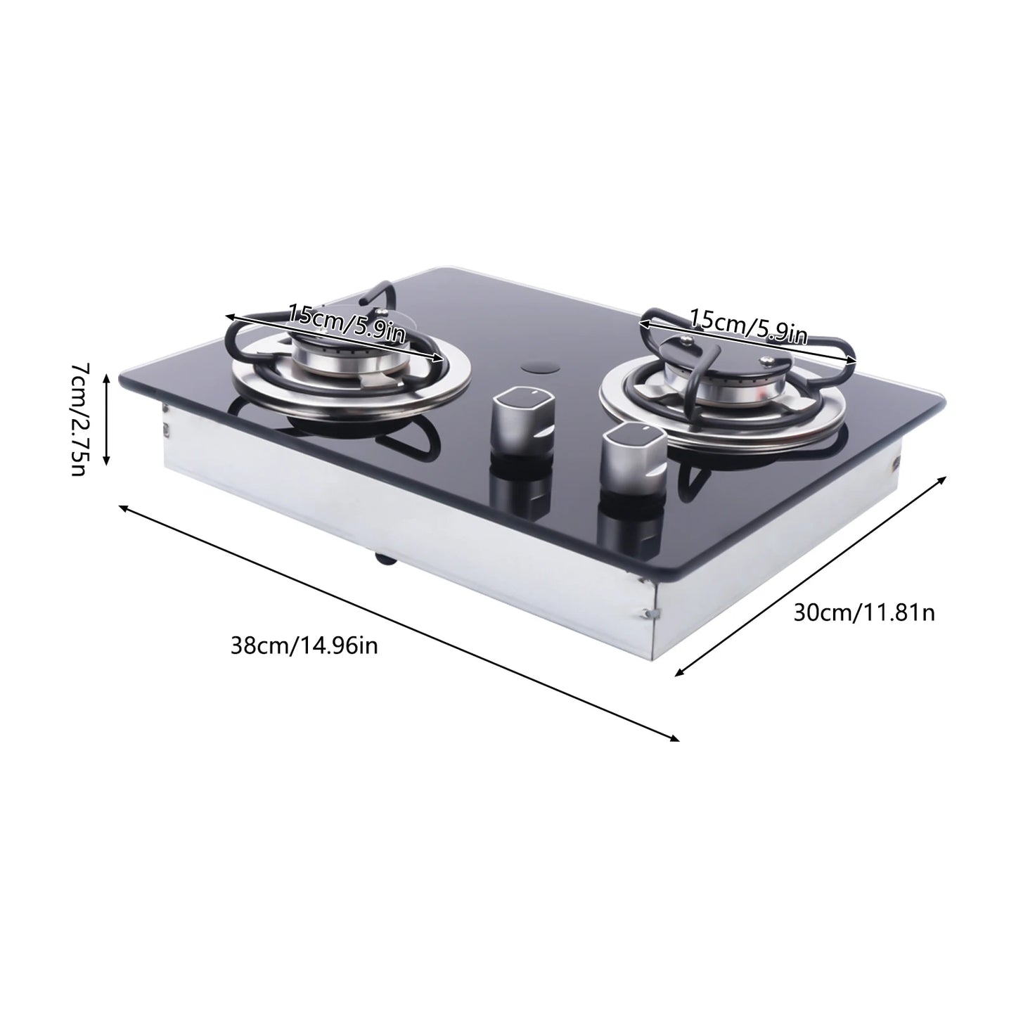 380*300*70mm Boat RV Camper LPG Gas Stove Hob with 8mm Thick Tempered Glass-Built in 2 Gas Burner