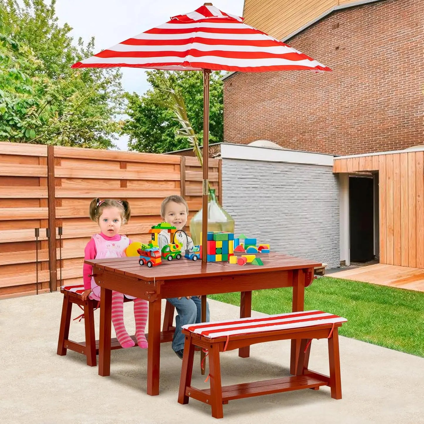Kids Picnic Table with Umbrella, Outdoor Wooden Table & Bench Set w/Cushions & 2 Removable Boxes, 4-in-1 Children Sand