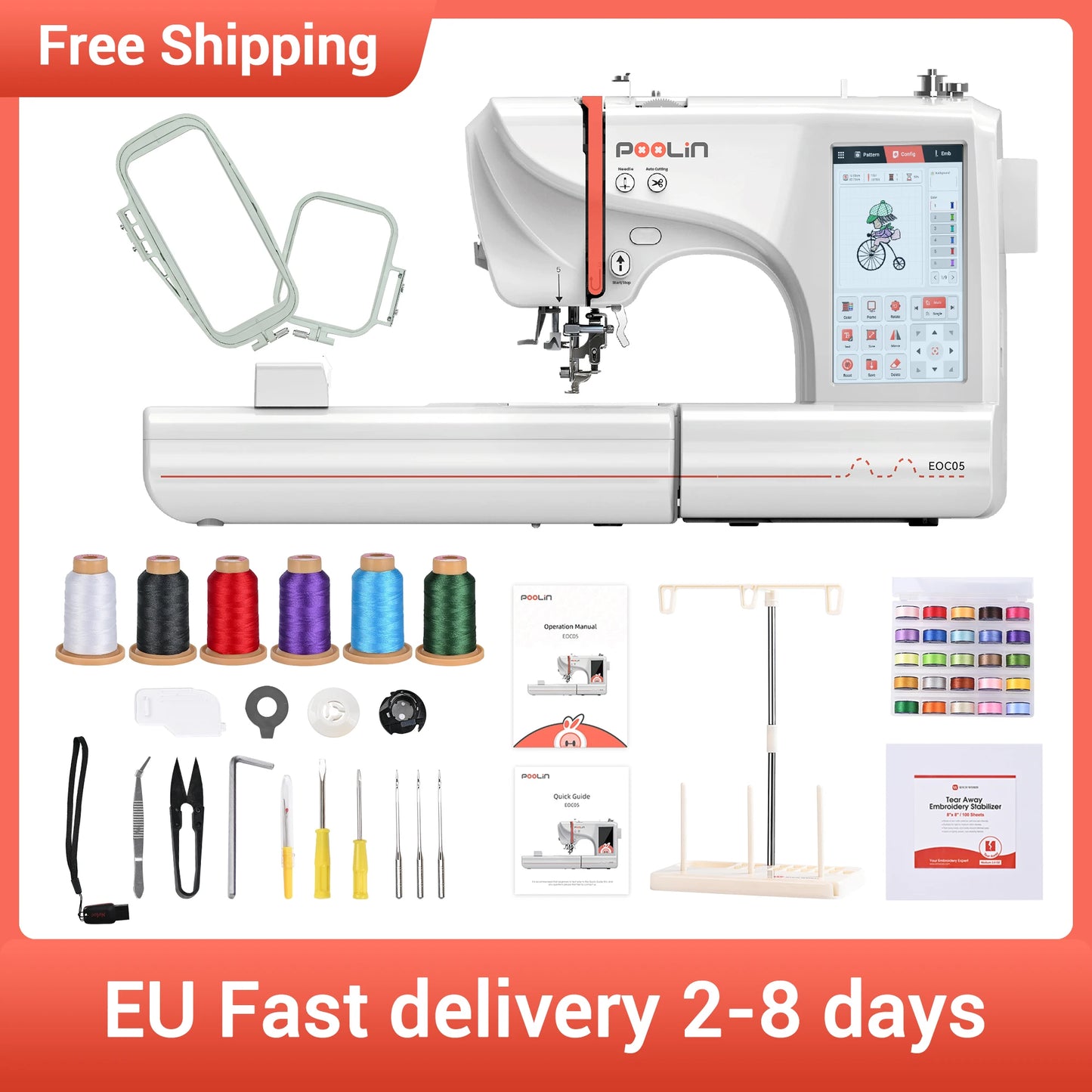 POOLIN Embroidery Machine EOC05  Computerized Machine Include Threads&Tear Away Stabilizer&Bobbin——EXCLUDING CUSTOMS DUTIES