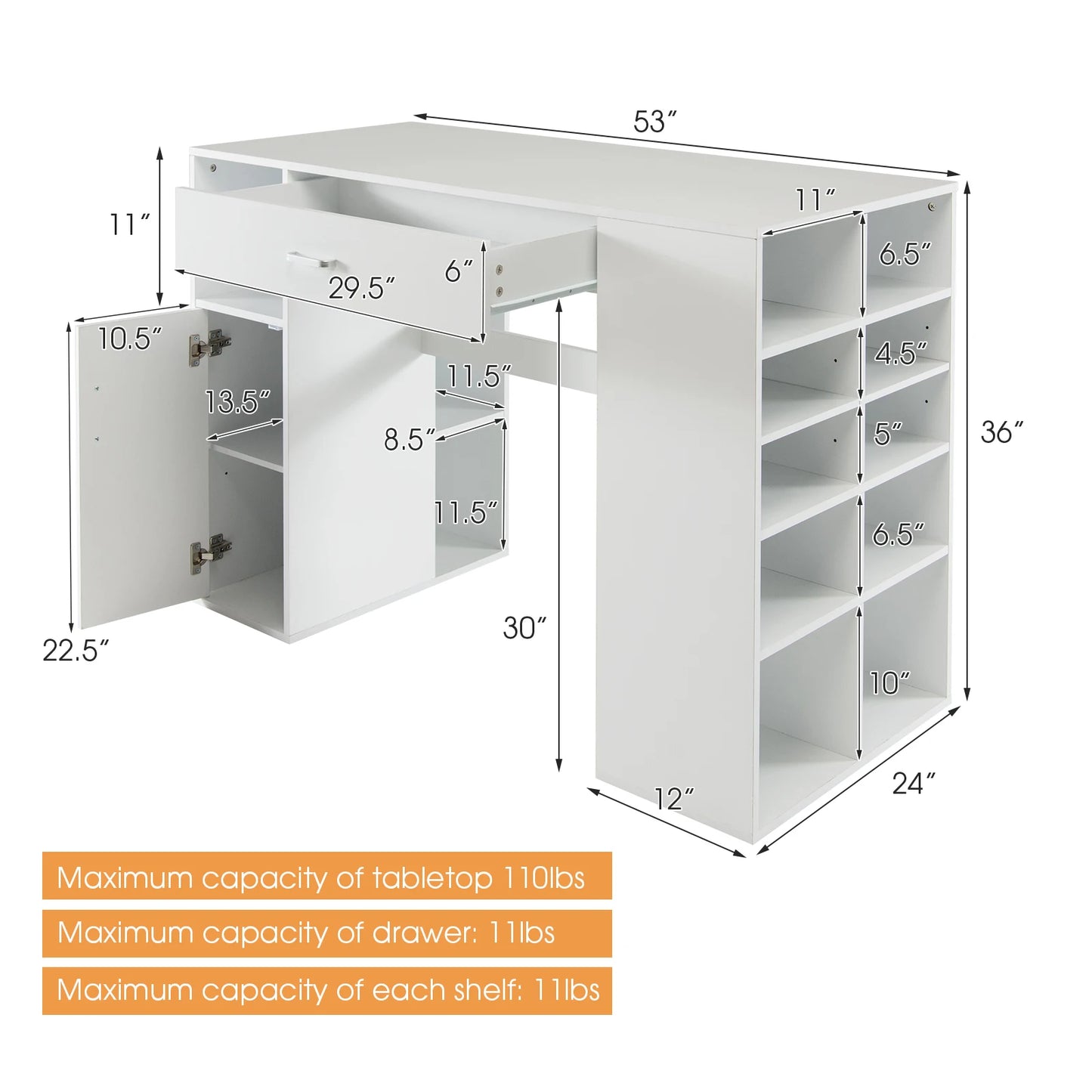 Counter Height Sewing Craft Table Computer Desk w/ Adjustable Shelves & Drawer