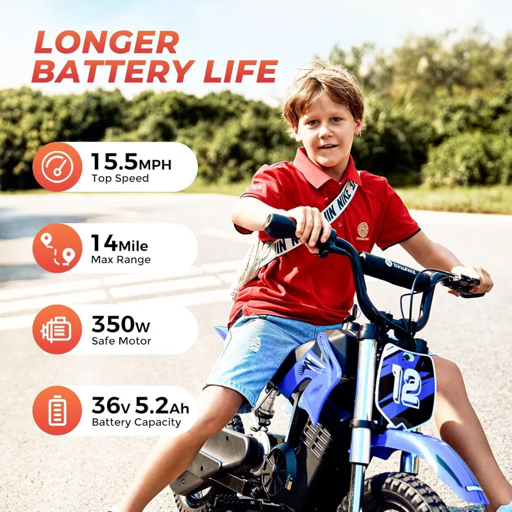 A12 Electric Dirt Bike for Kids, 36V 350W Electric Motorcycle for Kids Ages 3-10, Up to 15.5MPH & 14 Miles Long-Range,