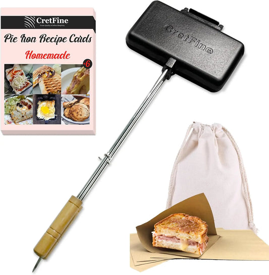 Double Pie Maker Cast Iron Sandwich Pr Pans For Camping With Storage Bag And Recipes, Camp Cooker Campfire Cooking Equipment