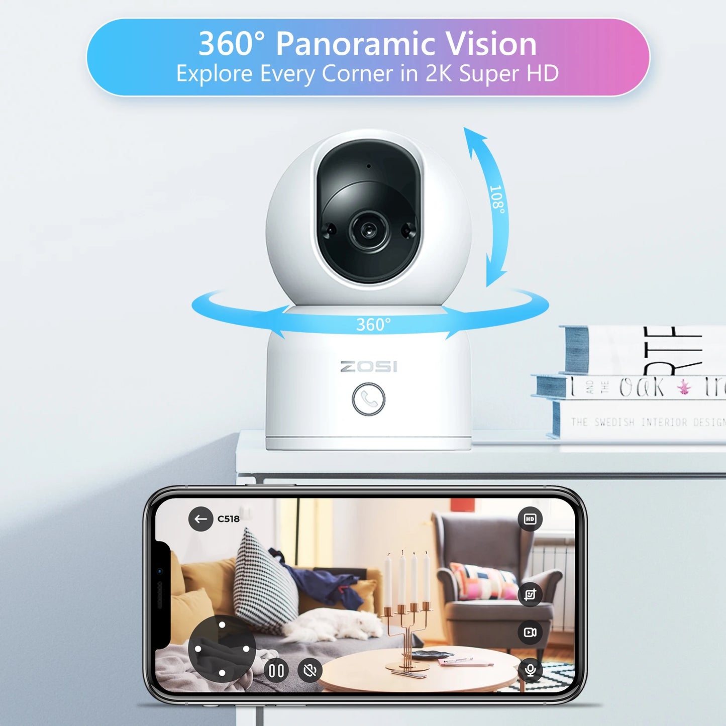 ZOSI Indoor Pan/Tilt Smart Security Camera C518 2K 360 Degree Baby Pet Monitor 2.4G/5G Dual-Band WiFi Home Cam with Phone APP