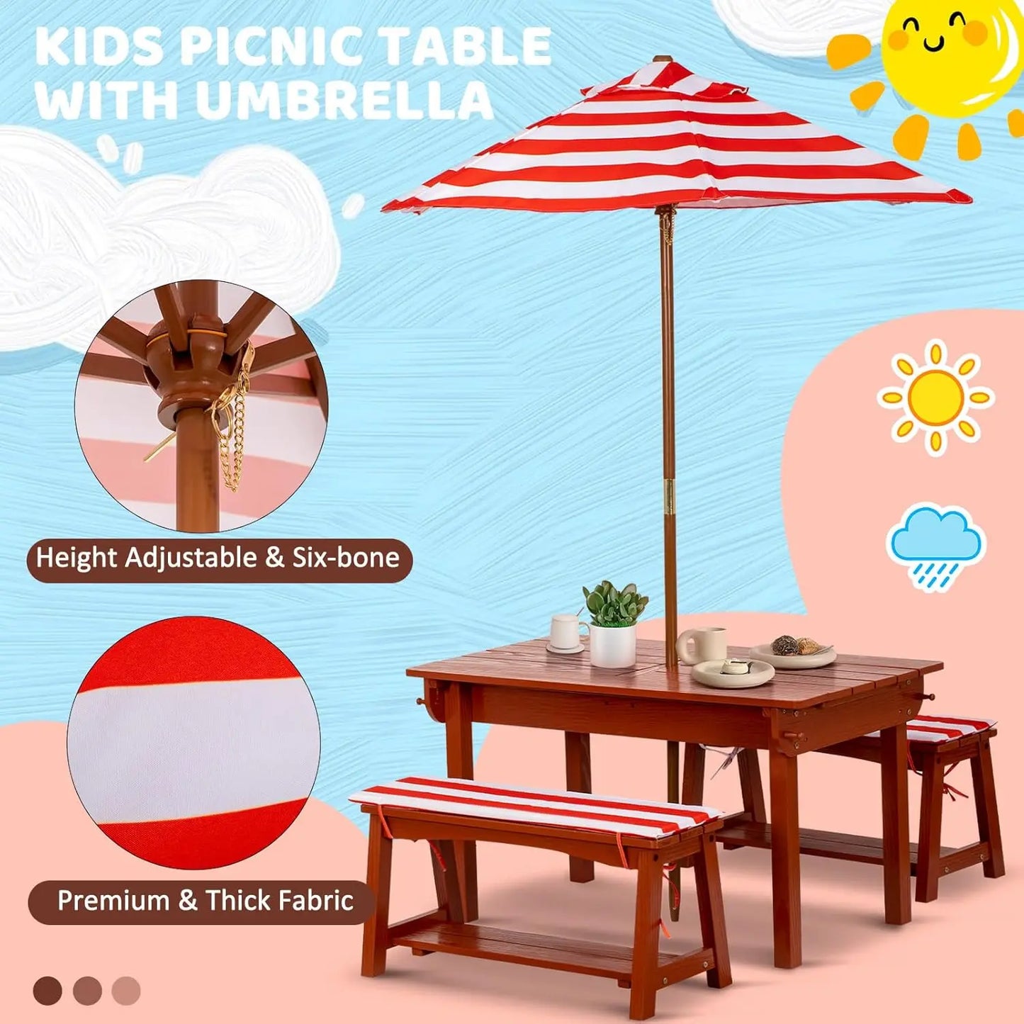 Kids Picnic Table with Umbrella, Outdoor Wooden Table & Bench Set w/Cushions & 2 Removable Boxes, 4-in-1 Children Sand