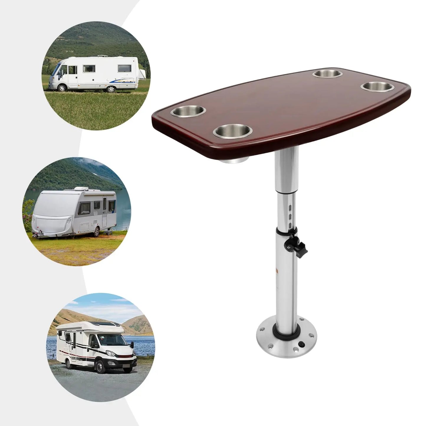 Removable RV Tables Varnished Oak Table Top 600 * 380mm, Adjustable Height RV Dinette Table Dining Table with 4 Cup Holders