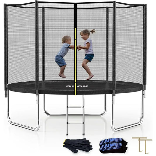 SKOK Trampoline 8FT Trampolines with Enclosure Net, 400LBS Outdoor Trampolines for Kids with Basketball Hoop-ASTM Approved