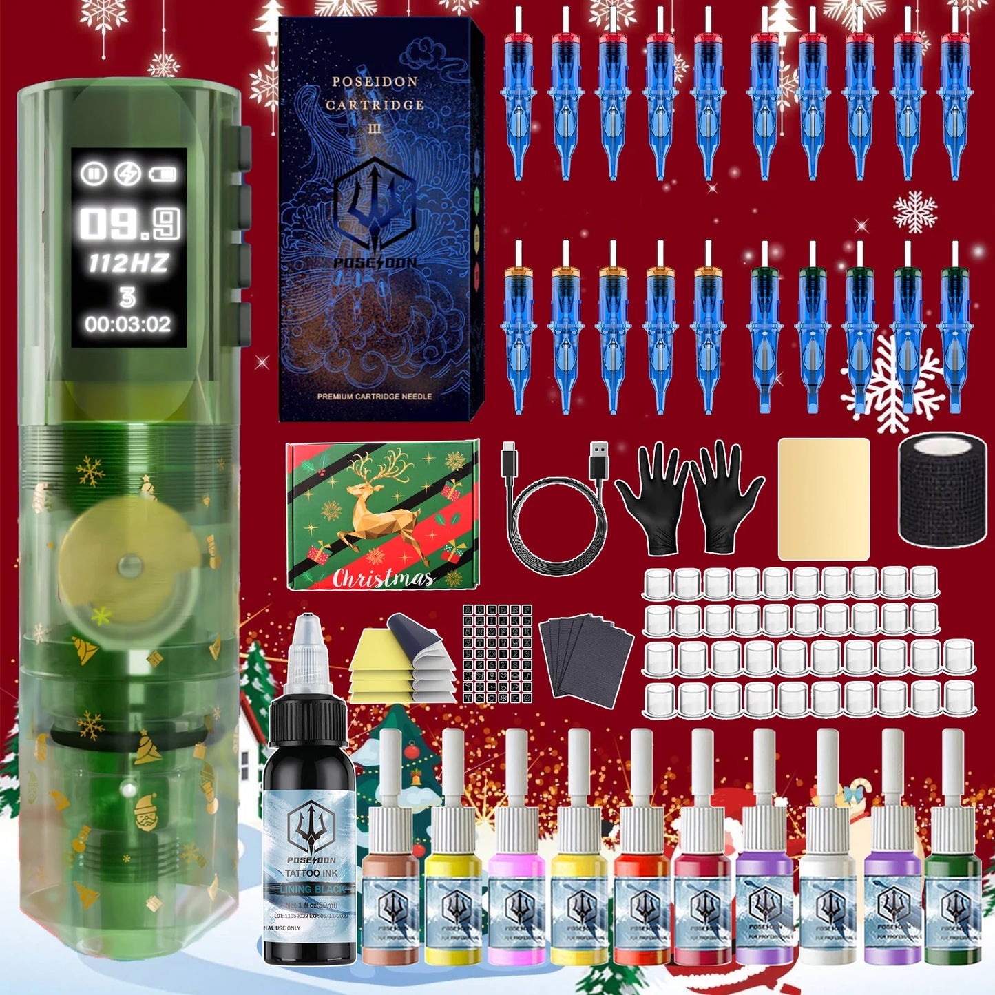 Christmas Tattoo Kit POSEIDON Green Tattoo Pen Kit For Permanent Makeup Tattoo Machine Kit Wireless Tattoo Gun Kit
