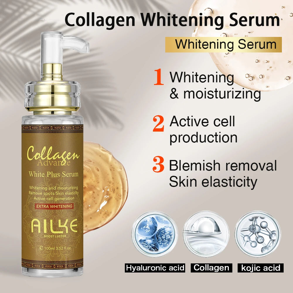 AILKE Hydrating & Brightening Serum for Dark Spots, Fine Lines and Wrinkles, With Collagen, Glutathione, For Face and Body Use