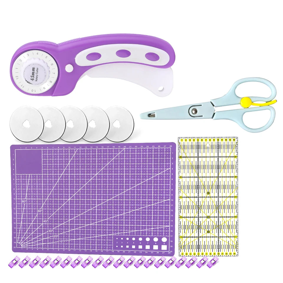 45mm Rotary Cutter Kit with 5 Blades Cutting Mat Patchwork Ruler Tailor's Scissors Sewing Clips for Fabric Quilting Tools