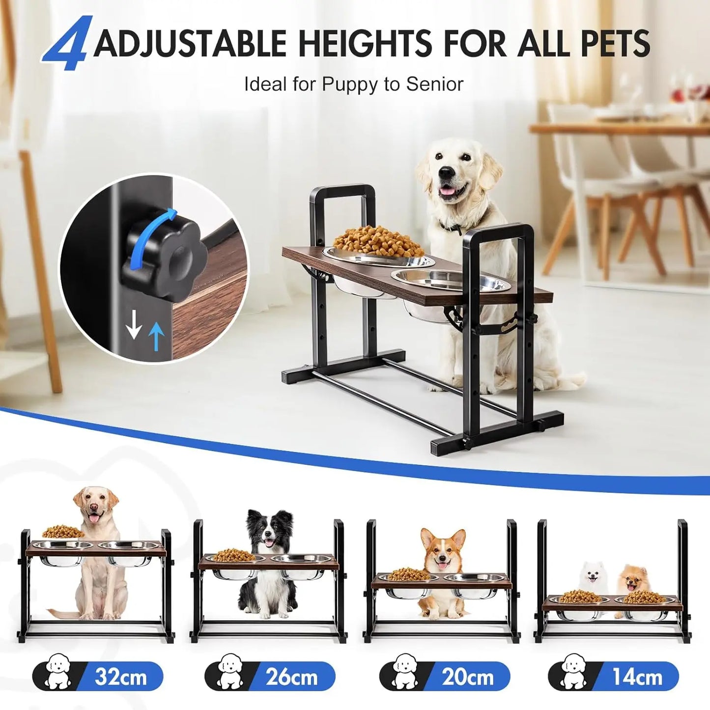 MEWOOFUN Raised Dog Bowl Height Adjustable Sturdy Wooden Raised Dog Bowls with 2x1200ml Stainless Steel Bowls for Dogs