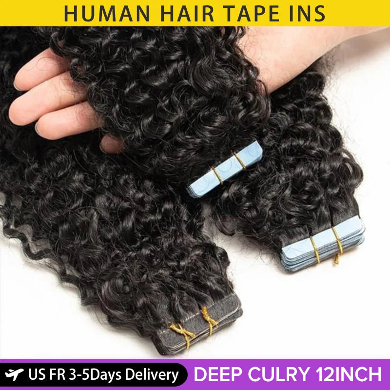 MRS HAIR Tape In Hair Extensions Deep Curly Human Hair Skin Weft Kinky Curly Tape Hair 12-24inch Natural Black Remy 20pcs/Pack
