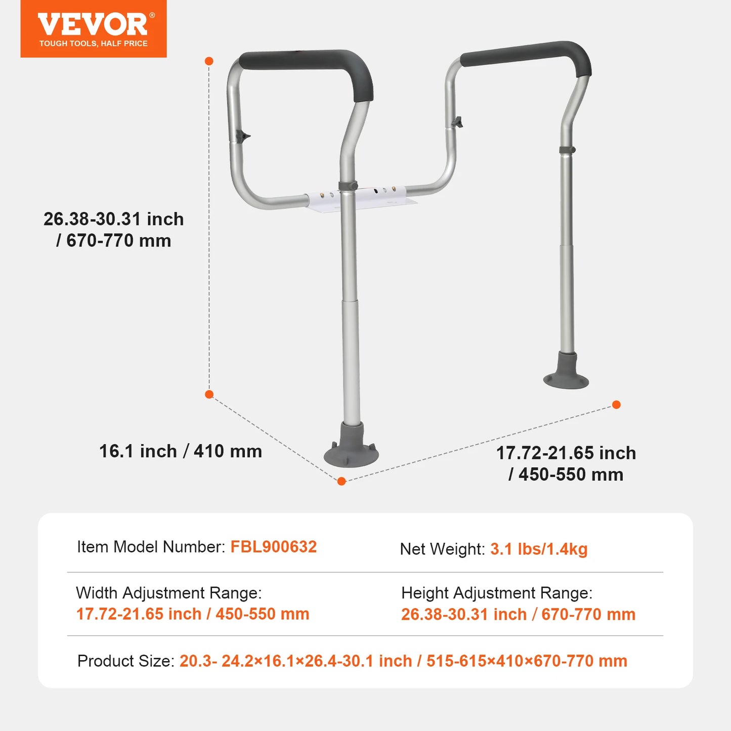 VEVOR Toilet Safety Rail, Bathroom Toilet Seat Frame, Adjustable Width & Height Fit Most Toilets, Supports 300lbs