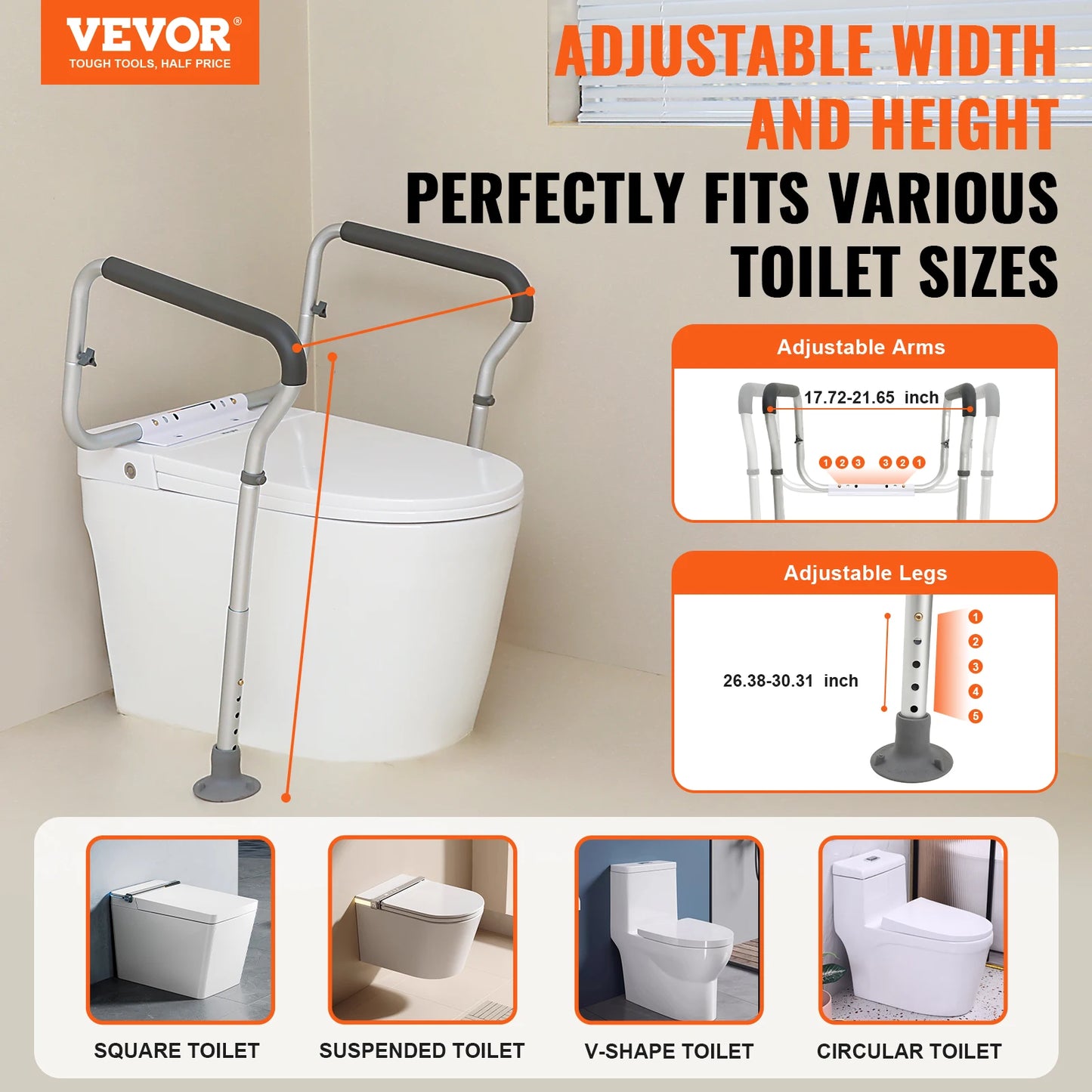 VEVOR Toilet Safety Rail, Bathroom Toilet Seat Frame, Adjustable Width & Height Fit Most Toilets, Supports 300lbs