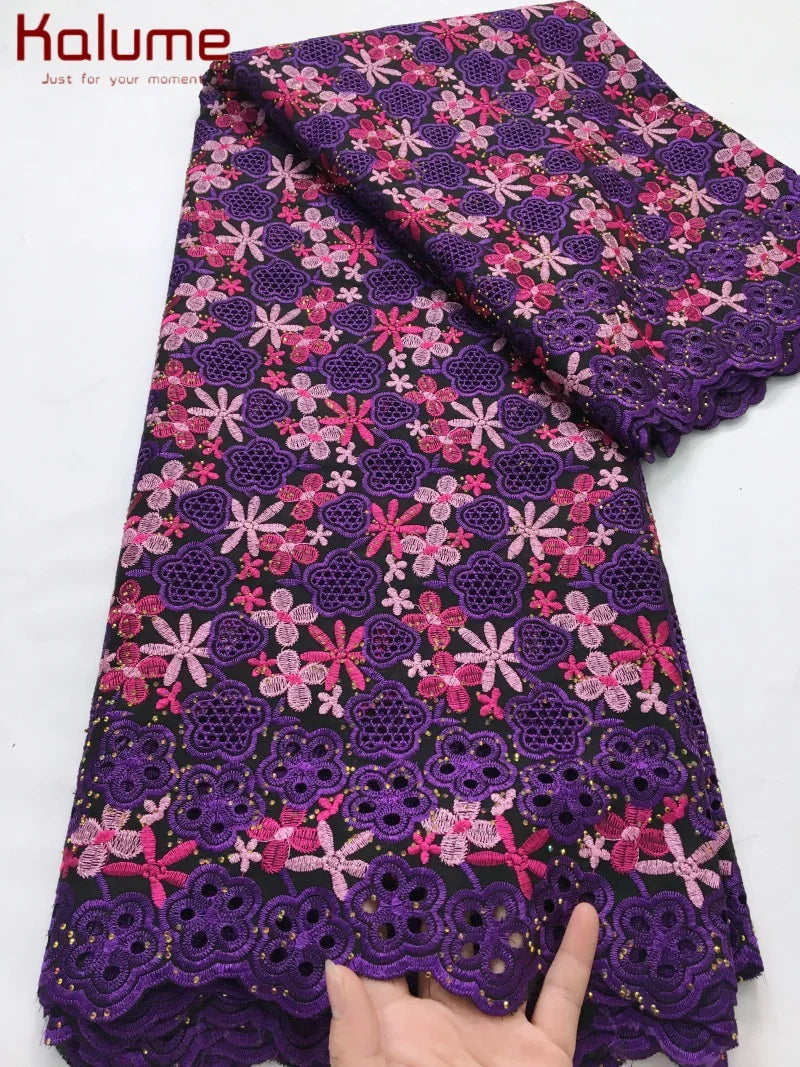 Kalume African Cotton Embroidered Lace Fabric With Stones 2025 Nigerian Swiss Voile Lace Fabric Flower For Sewing Dress F4325