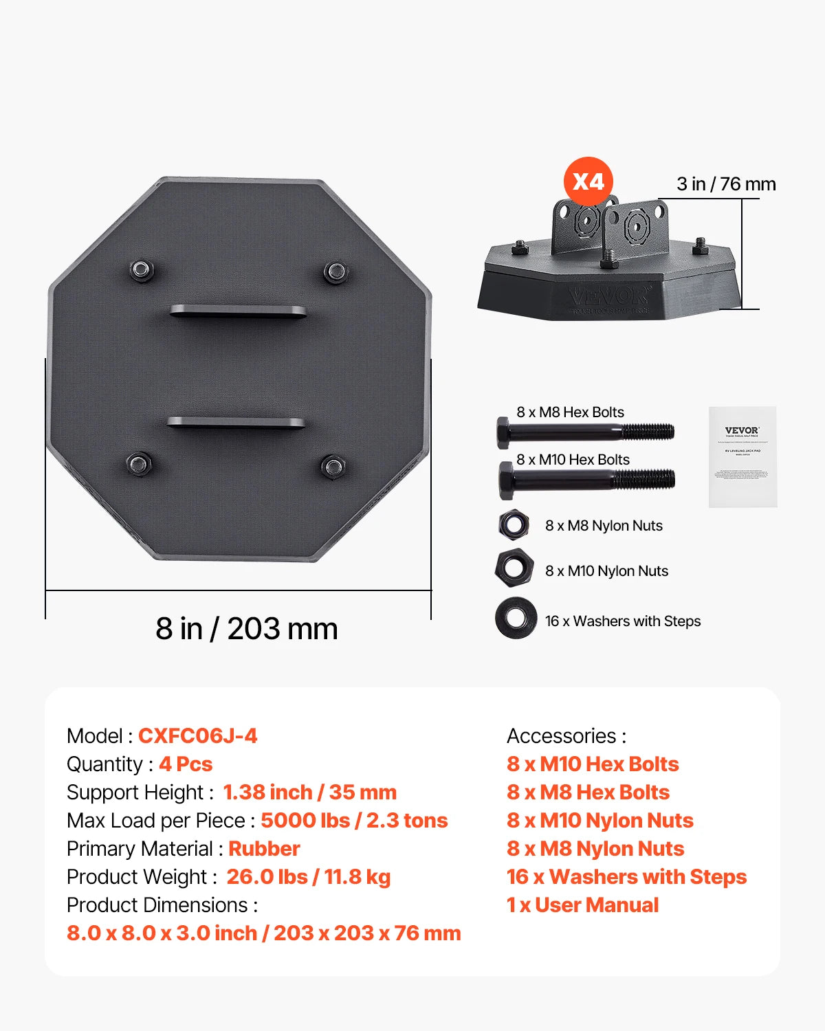 VEVOR RV Leveling Pads, 4-Pack Rubber Trailer Jack Pads, Standard Jack Stabilizer Pad, Fit for 5th Wheels Class A/C Motorhomes